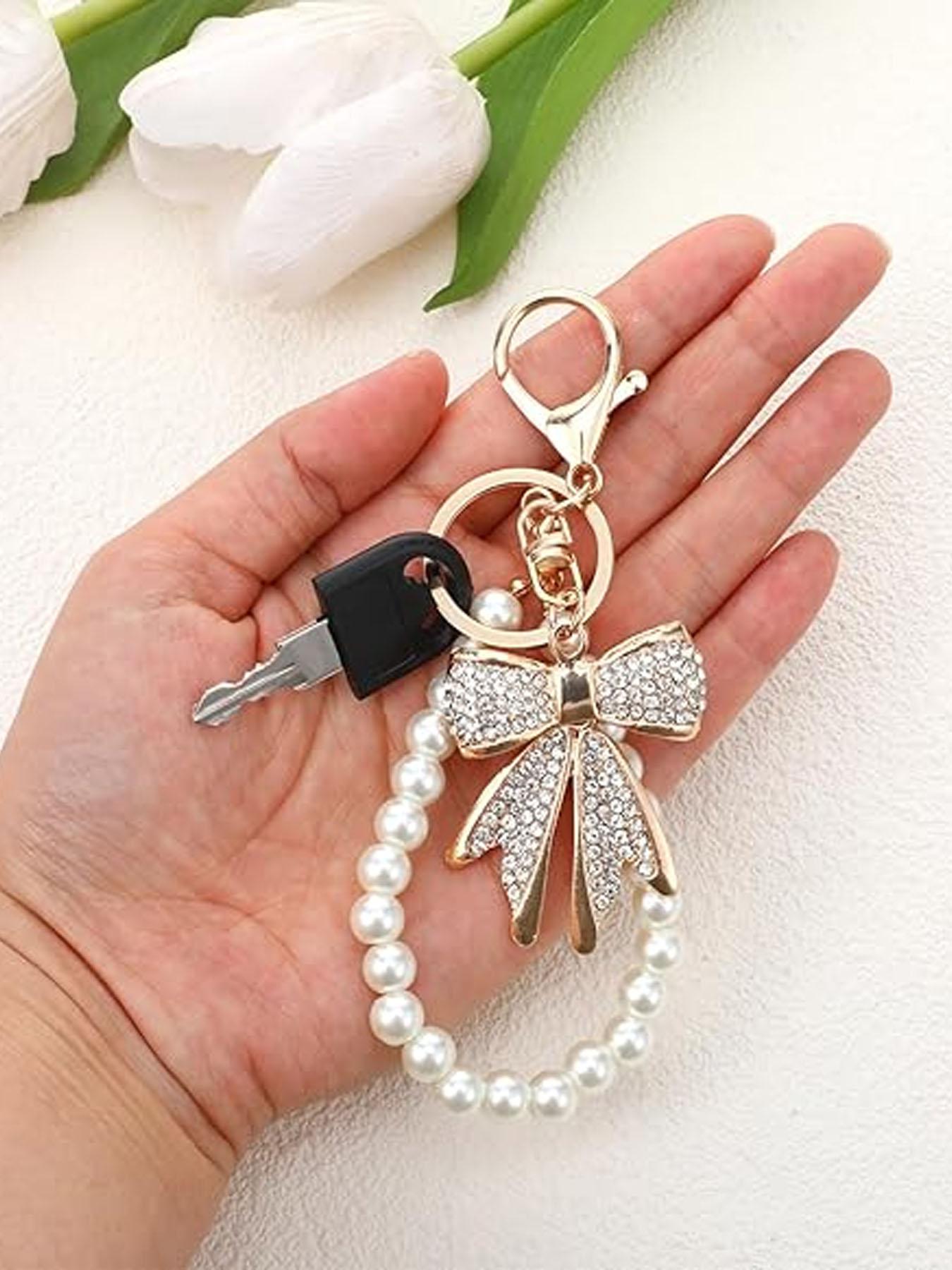 Women's Bow Keychain Rhinestone Imitation Pearl Chain Shiny Wallet Charm Bag Handbag Accessories Elegant Design Keychain Bag Pendant Trendy Cute Keychain Bling Bling Keychain For Bags Keychain For Purse Cute Keychain Accessory