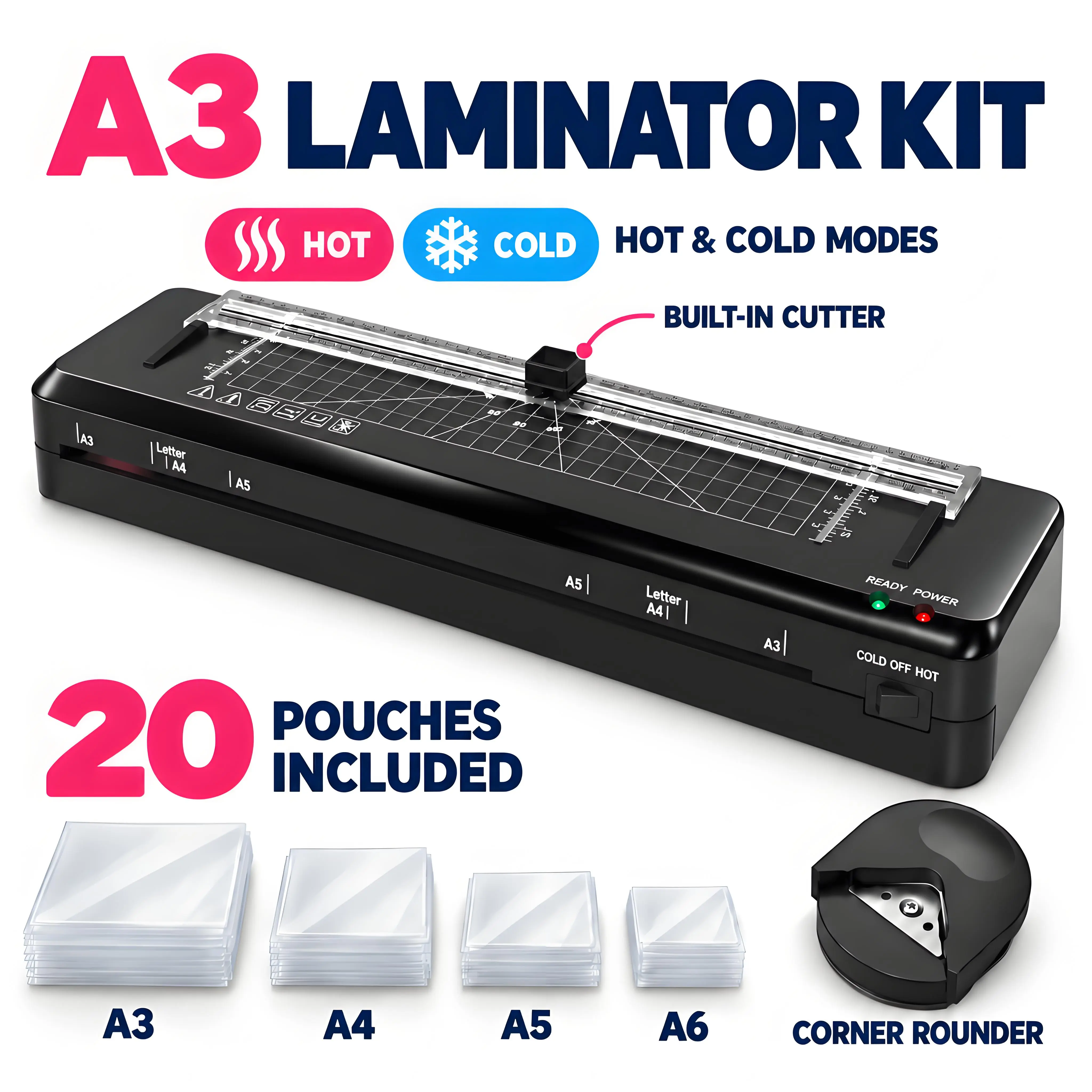 A3 Laminator Machine Laminating Kit with 20 Plastic Pouches, Hot & Cold Laminating, 60-70s Warm-Up, Anti-Jam ABS System, Built-In Cutter & Corner Rounder, 320mm Entry, 360mm/min Laminating Speed, Portable 4-In-1 for Office-School Use