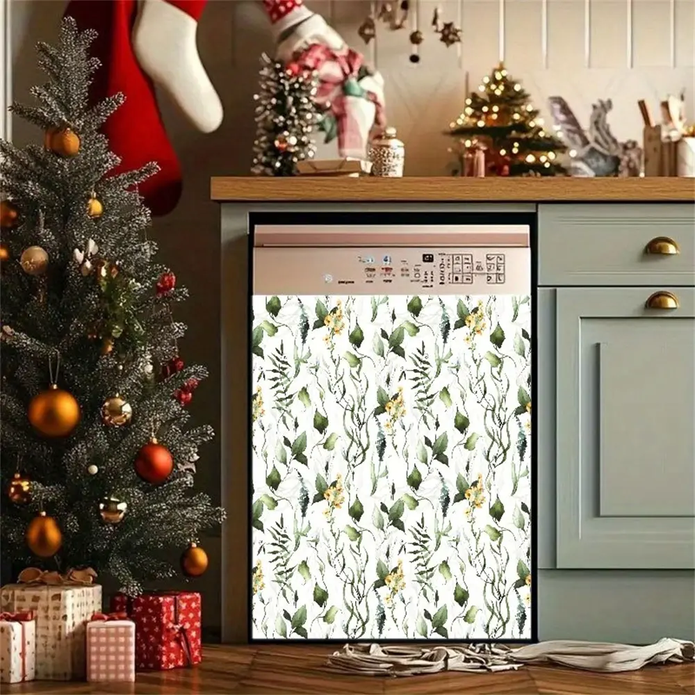 2D Flat 2Pcs Botanical Green Leaf Pattern Dishwasher Cover Elegant Floral Vine Design Nature Inspired Art Kitchen Appliance Sticker Self-Adhesive Vinyl Film for Refrigerator Washing Machine Spring Summer Home Decoration