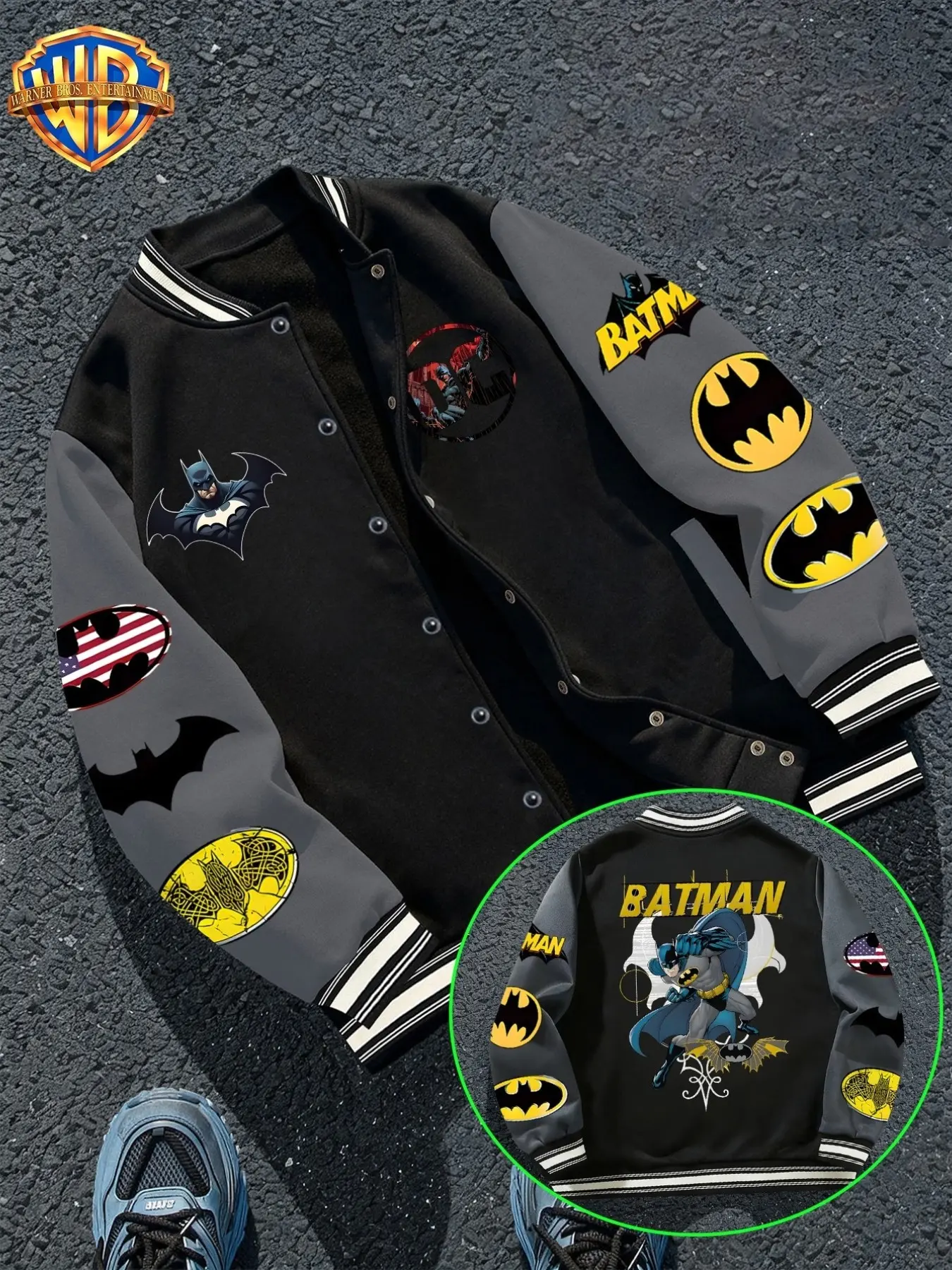 Wb Warner Bros. Batman Vintage Varsity Jacket, Multi Patch Graphic Baseball Coat, Block, Casual Streetwear for Men Women