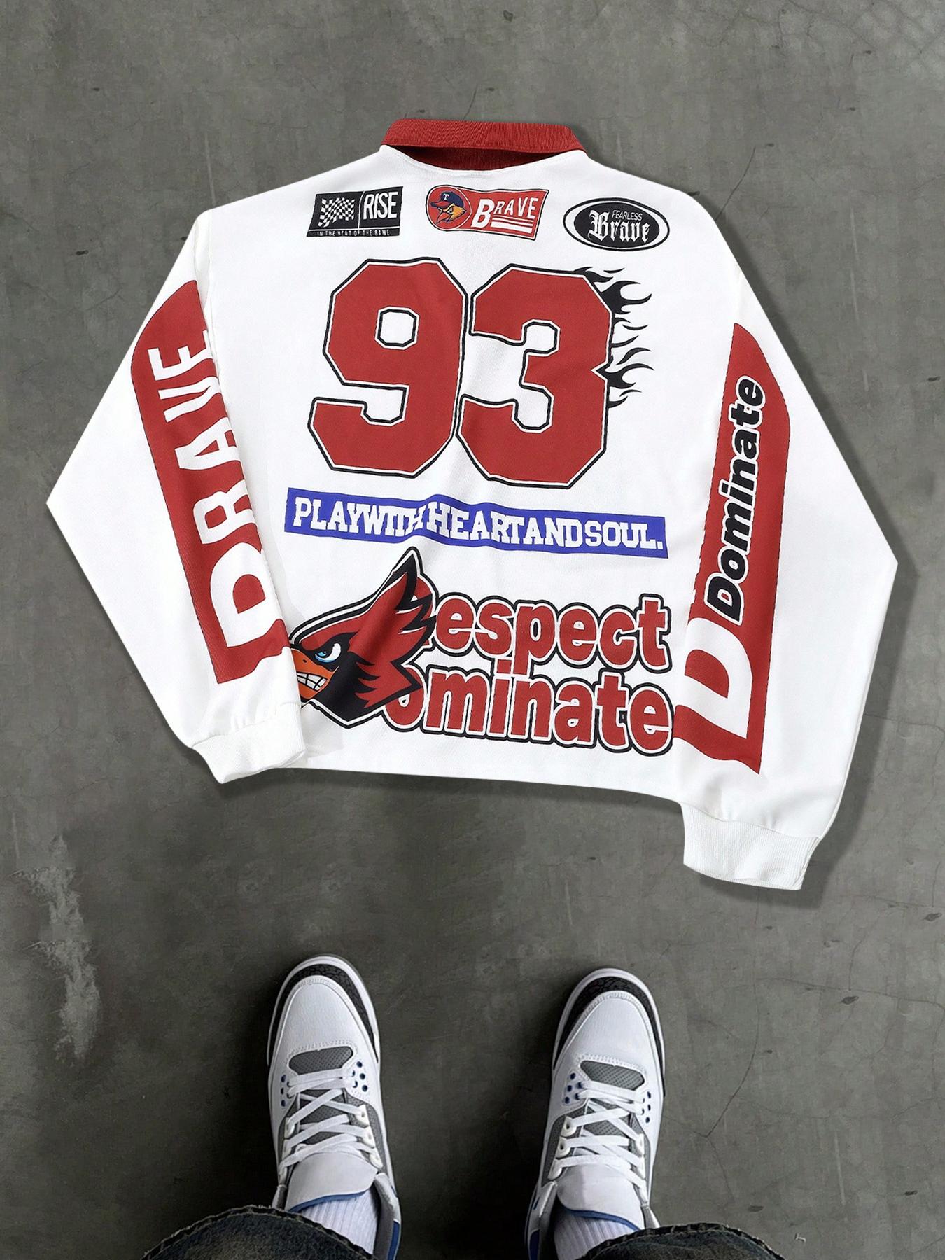 Men's Graphic & Letter Print Loose Fit Granddad Collar Polo Shirts, Sports Preppy Stylish Top For All Seasons, Men's Fall Outfits For Outdoors