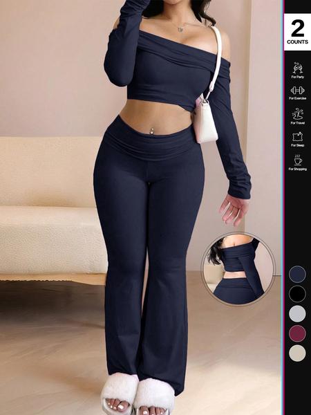 Women's Two-Piece Set, Off-The-Shoulder Long Sleeve Crop Top & Pants, Solid Color for Casual Wear, Stylish Women's Clothing