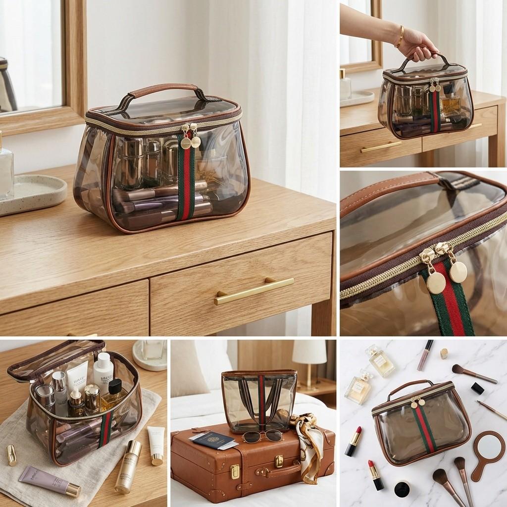 Waterproof Semi-Transparent Storage Bag, Transparent Vanity Bag, Clear Cosmetic Bag, Makeup Pouch, Wide Handle Design, Non-Slip, Fashion Luxury Gift, Suitable for Toiletries, Cosmetics, Towels, Makeup Organizer Pouch