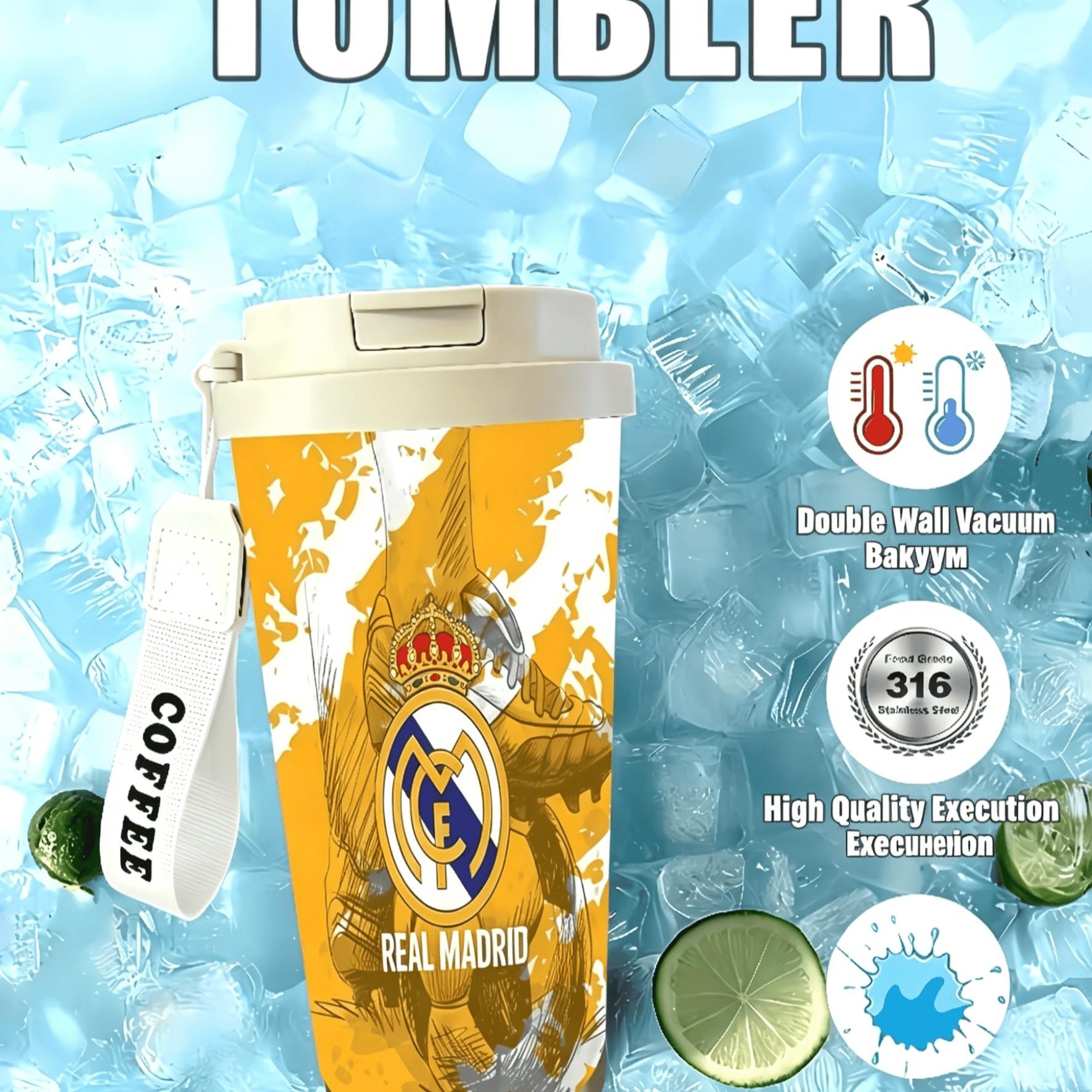 1pc Real Madrid Gold Blue Coffee Cup, 18oz Stainless Steel Insulated Double Wall Travel Mug, Dual Layer Heat Cold Preserve, Car Office Home Outdoor Camping