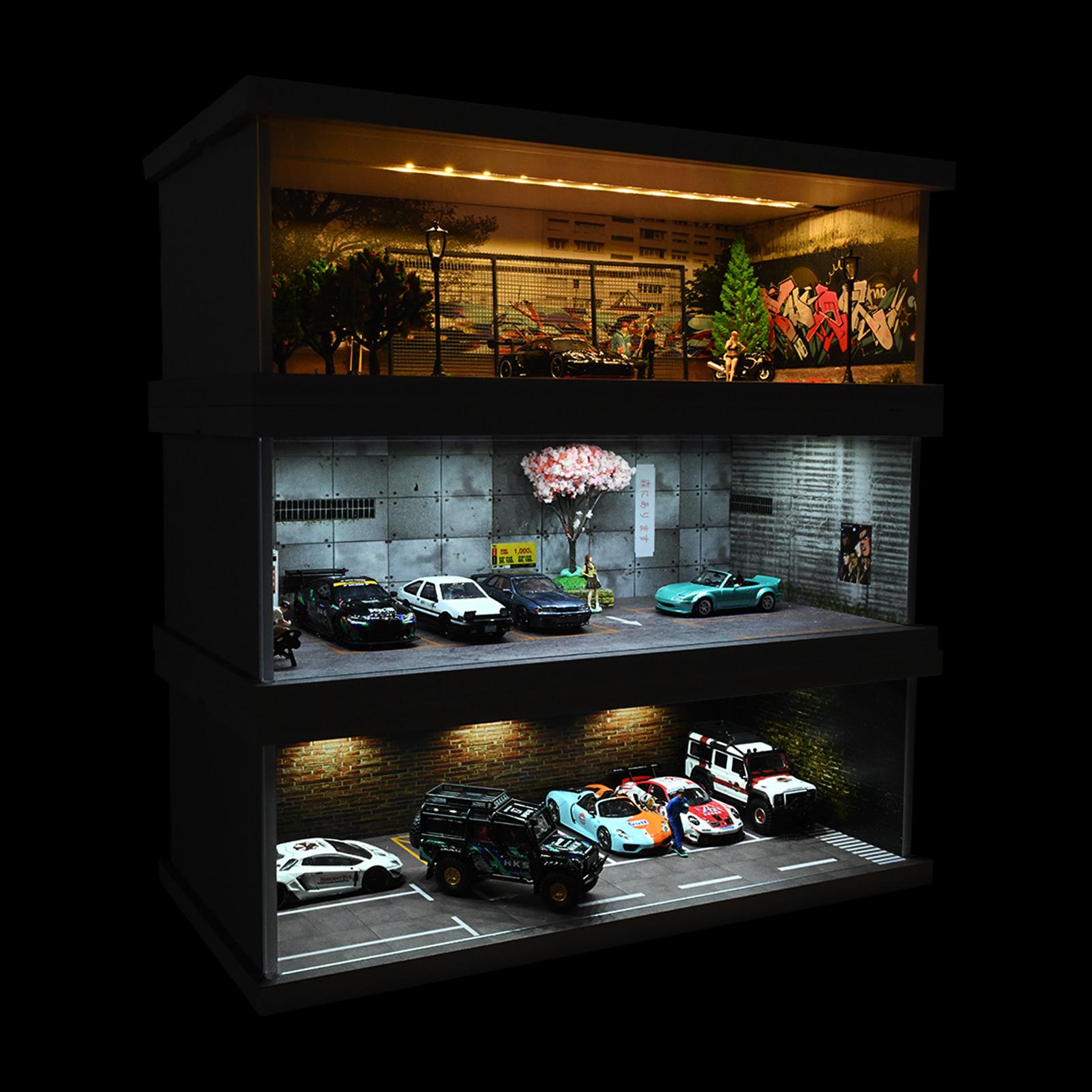 Diorama 1:64 Scale Car Garage Model LED Lighting City Street View Backdrop Car Parking Lot Scene Model Display Collection Toy Gift with Acrylic Dust Door