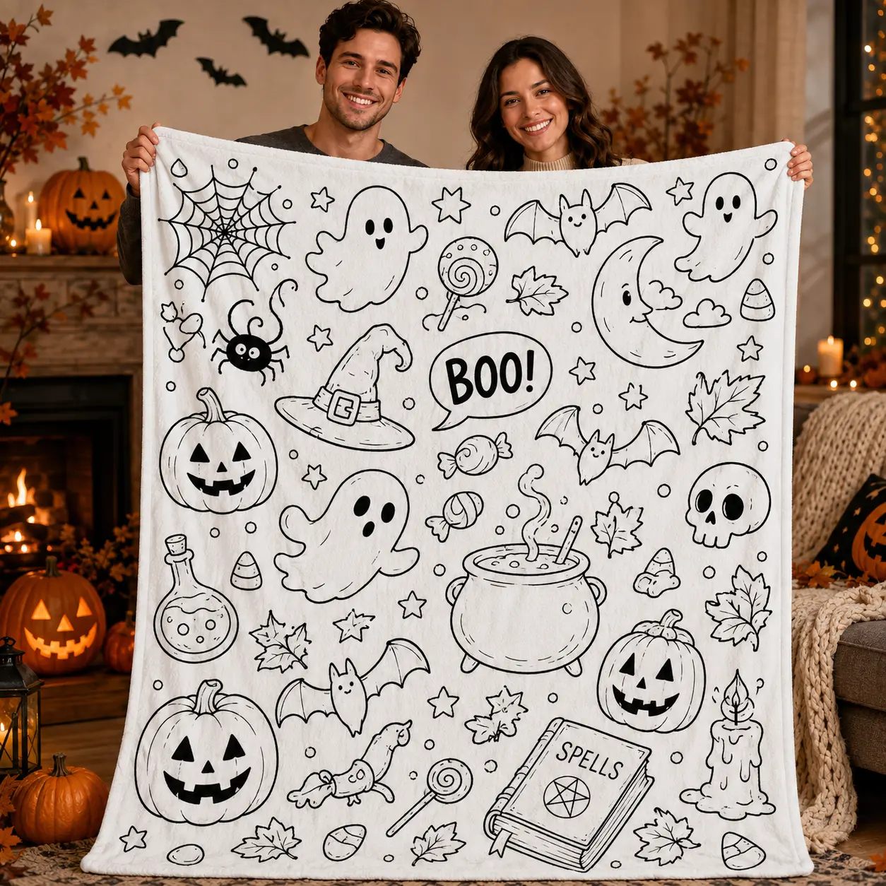 Halloween DIY Coloring Throw Blanket, Soft Flannel Ghost Pumpkin Witch Hat and Bat Doodle Print for Kids Bedroom and Family Lounge Decor, Creative Color Your Own Bed Throw for Movie Night, Halloween Gift for Children and Families