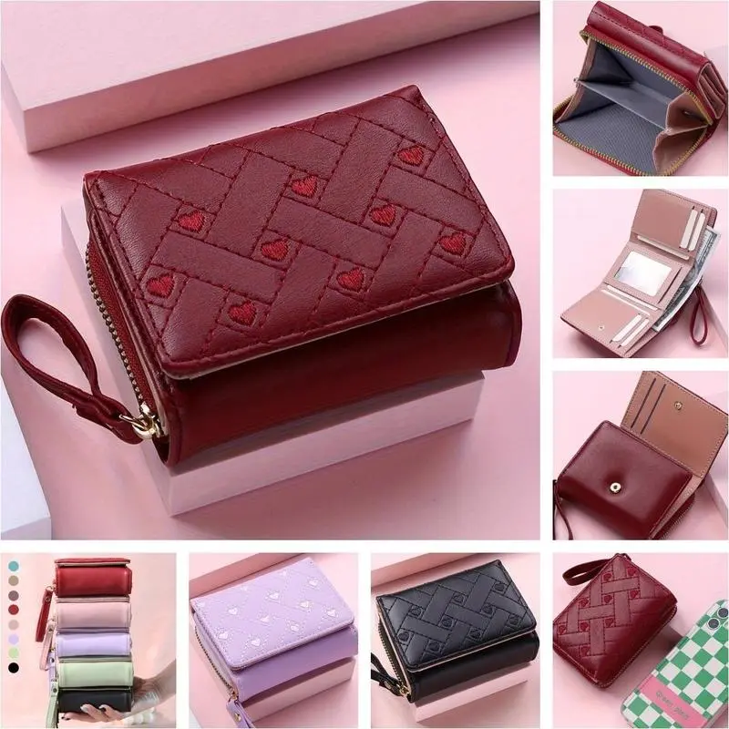 Women’s Foldable Minimalist Trifold Wristlet Wallet, Cute Heart Embroidery, Grid Stitch PU Leather, Multi Compartment All Over Print, Anti Theft Card Holder, Anniversary Gift for Daily Leisure Use