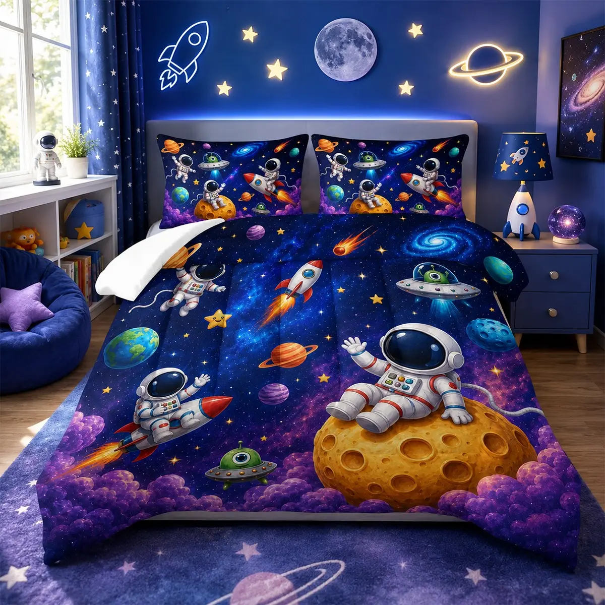 3-Piece Astronaut Pattern Bedding Set (Comfort and Pillowcases) - Soft, comfortable, and breathable bedding with 200g quilted filling. Includes 1 comforter and 2 pillowcases (pillow inserts not included). Perfect for home or dormitory use.