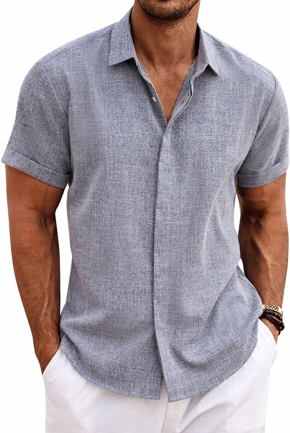 COOFANDY men's linen shirt short sleeved casual shirt men's button up shirt 2024 summer beach leisure vacation shirt, suitable for home, outdoor, dating, vacation, and gathering casual short sleeved shirt