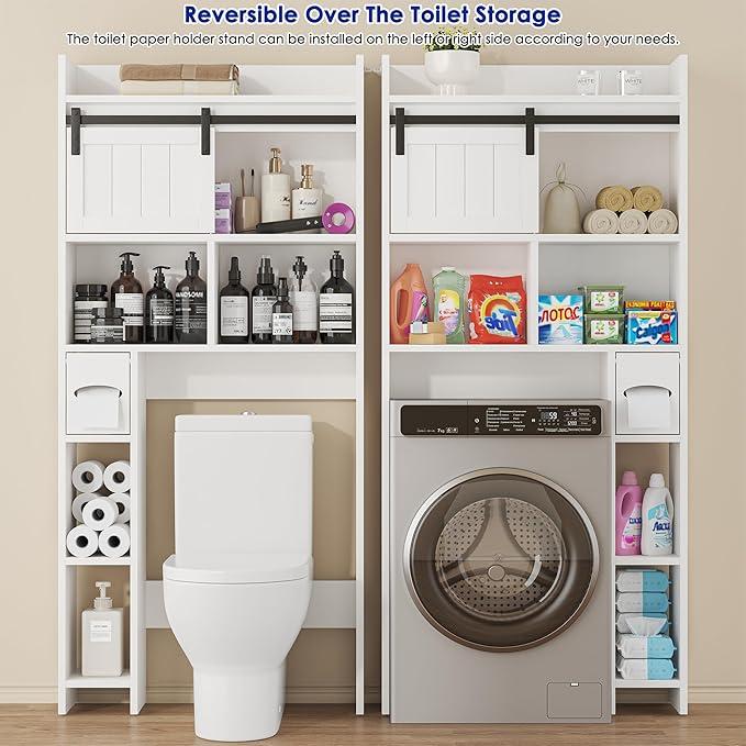 White Over The Toilet Storage Cabinet, Above Toilet Shelf with Sliding Door & Toilet Paper Holder Stand, Behind Toilet Bathroom Organizer with Side Storage Rack for Bathroom, Restroom, White