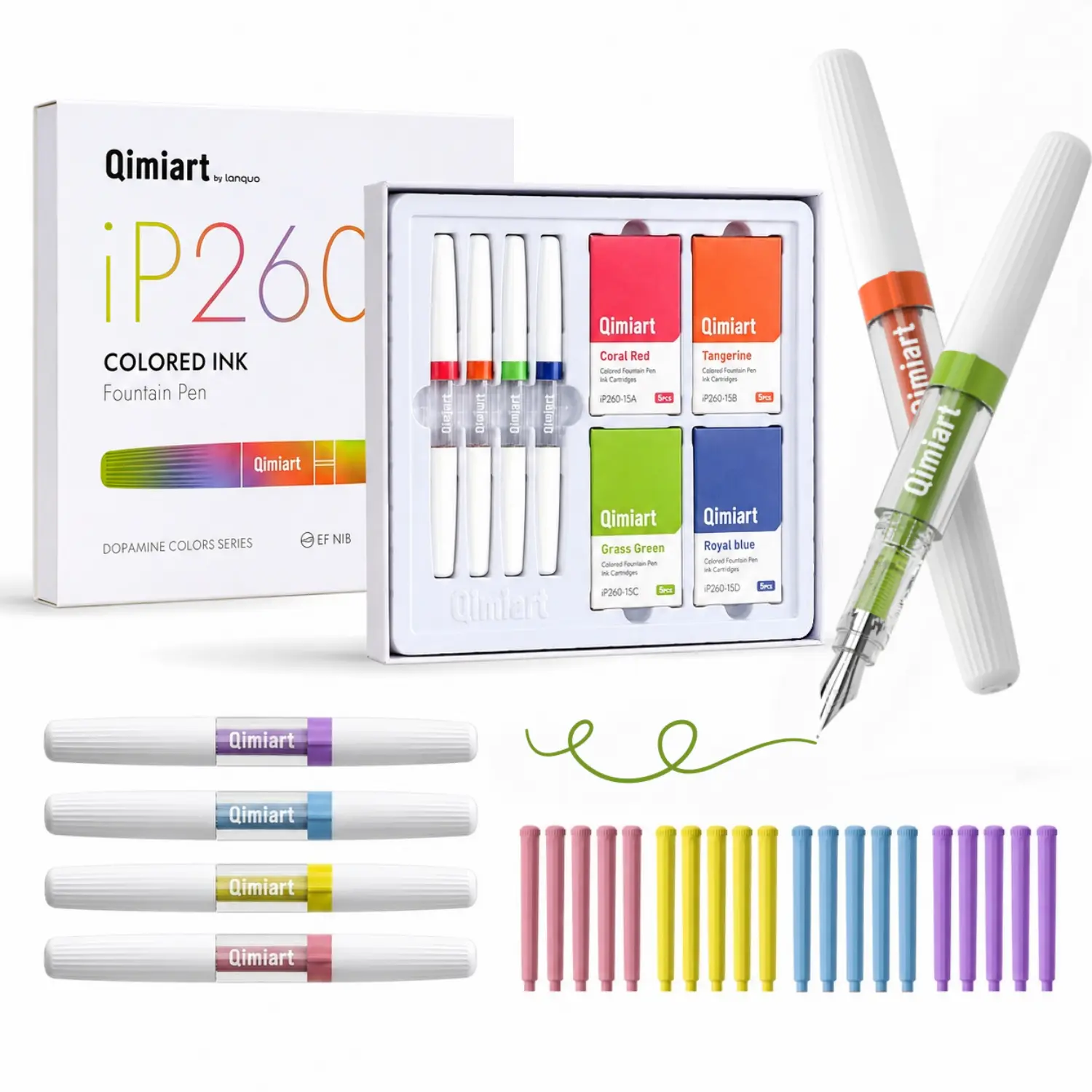 4 Pack Colored Fountain Pens with EF Fine Nib, 16 Replaceable Ink Cartridges, Refillable Pen Set for Calligraphy, Line Art, Journaling, Sketching, Note Taking and Office Use