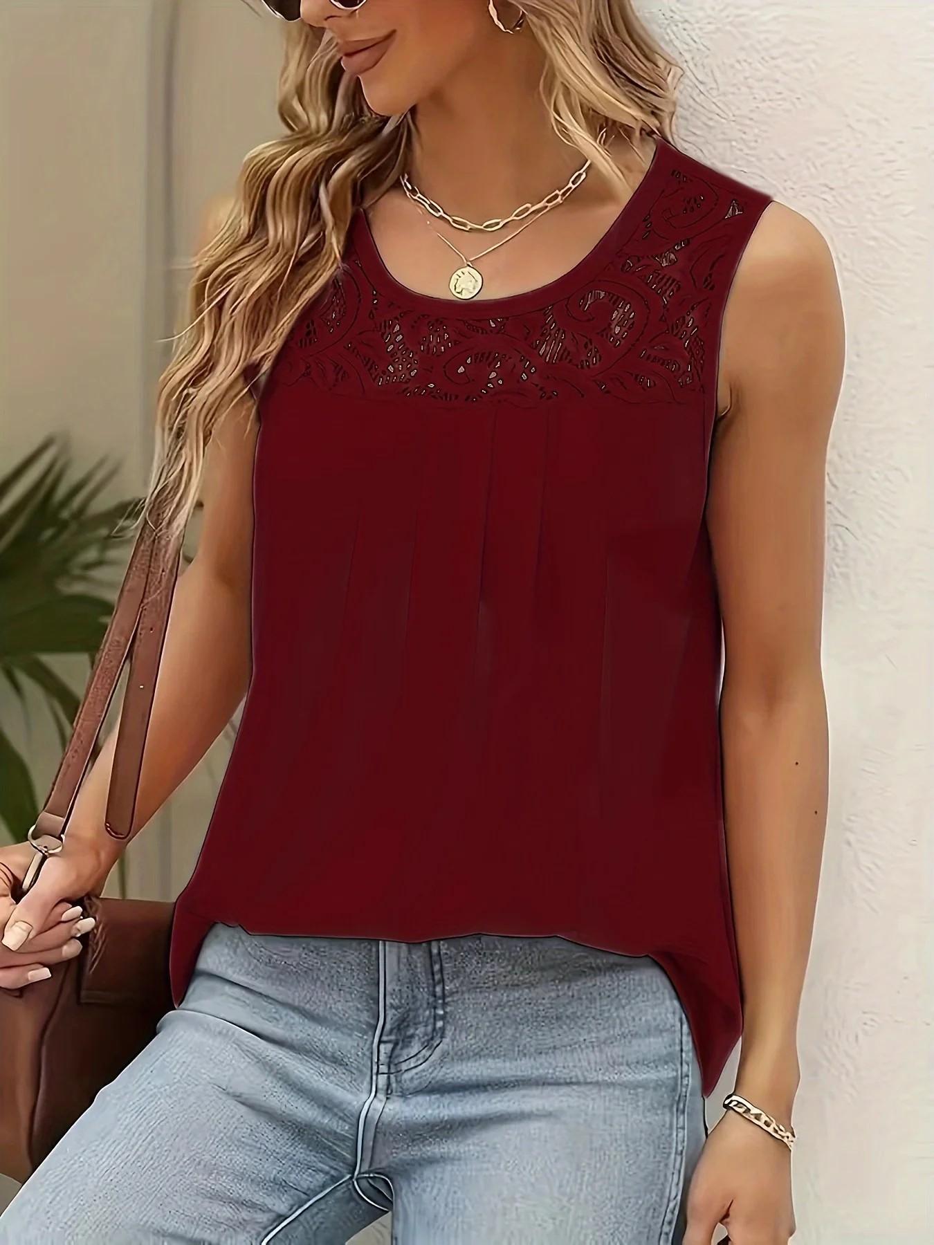 Spring Summer Solid Color Sleeveless Lace Trim Casual Vacation Top, Versatile Fashionable Women's Clothing, Comfortable and Stylish