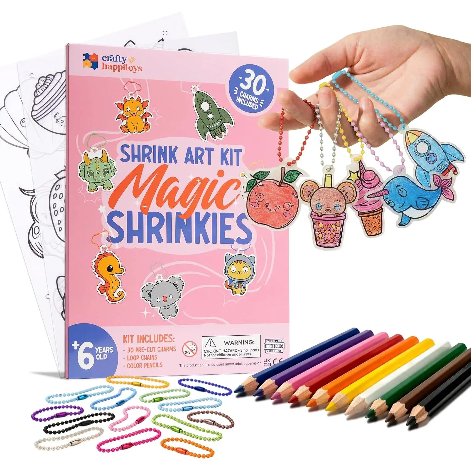 Shrink Art Kit - Color & Bake 30 Pre Cut Charm Sheets into Kids Keychains | Kids color 30 pre-cut shrink plastic charms, bake & watch them shrink into keychains - 10 colored pencils included