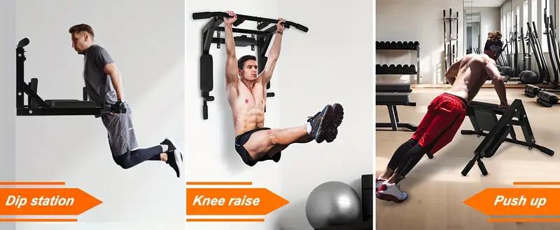 ROCKRAF 440Lbs Support Multifunctional Wall Mounted Pull Up Bar, Dip Station for Home Gym, Indoor Workout, Chin Up Bar