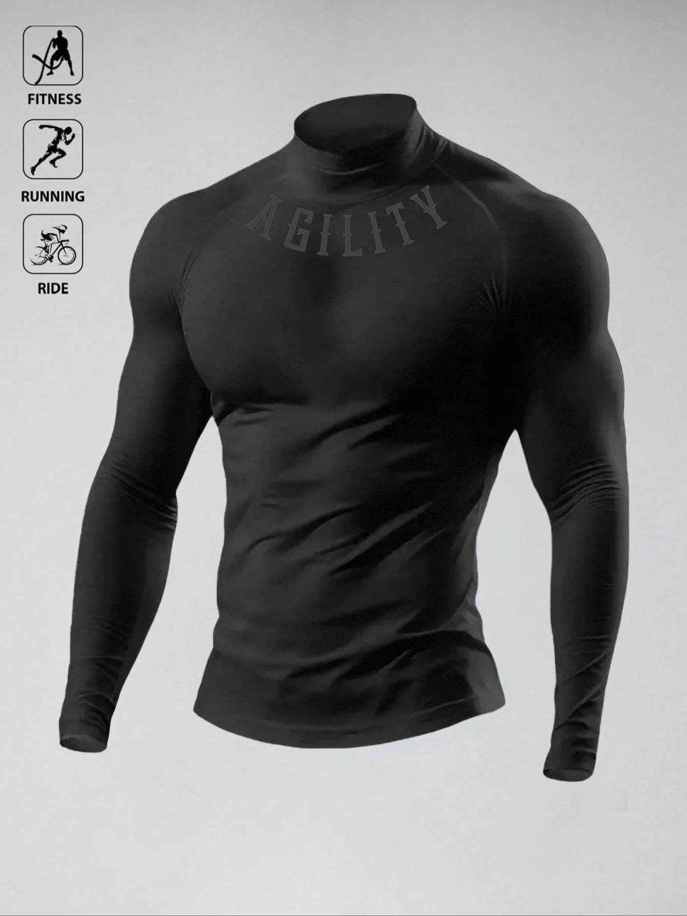 Men's Breathable Fitted Long Sleeve Compression Sports T-Shirt with High Neck Design, Fitness Long Sleeve T-Shirt