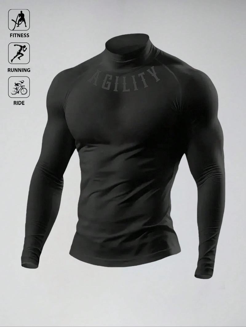 Men's Casual Breathable Fitted Long Sleeve Sports T-Shirt, Compression Top with Turtle Neck Design, Fitness Long Sleeve Shirt, Gym Athletic Clothes