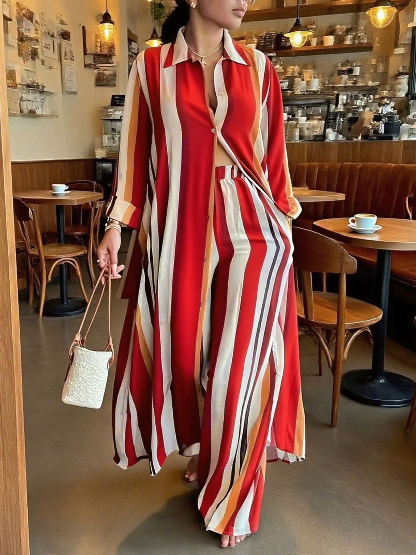 Plus Size Women's Striped Two-Piece Set, Long Sleeve Shirt & Wide Leg High Waist Pants, Casual Flowy, Perfect for Vacation & Daily Wear