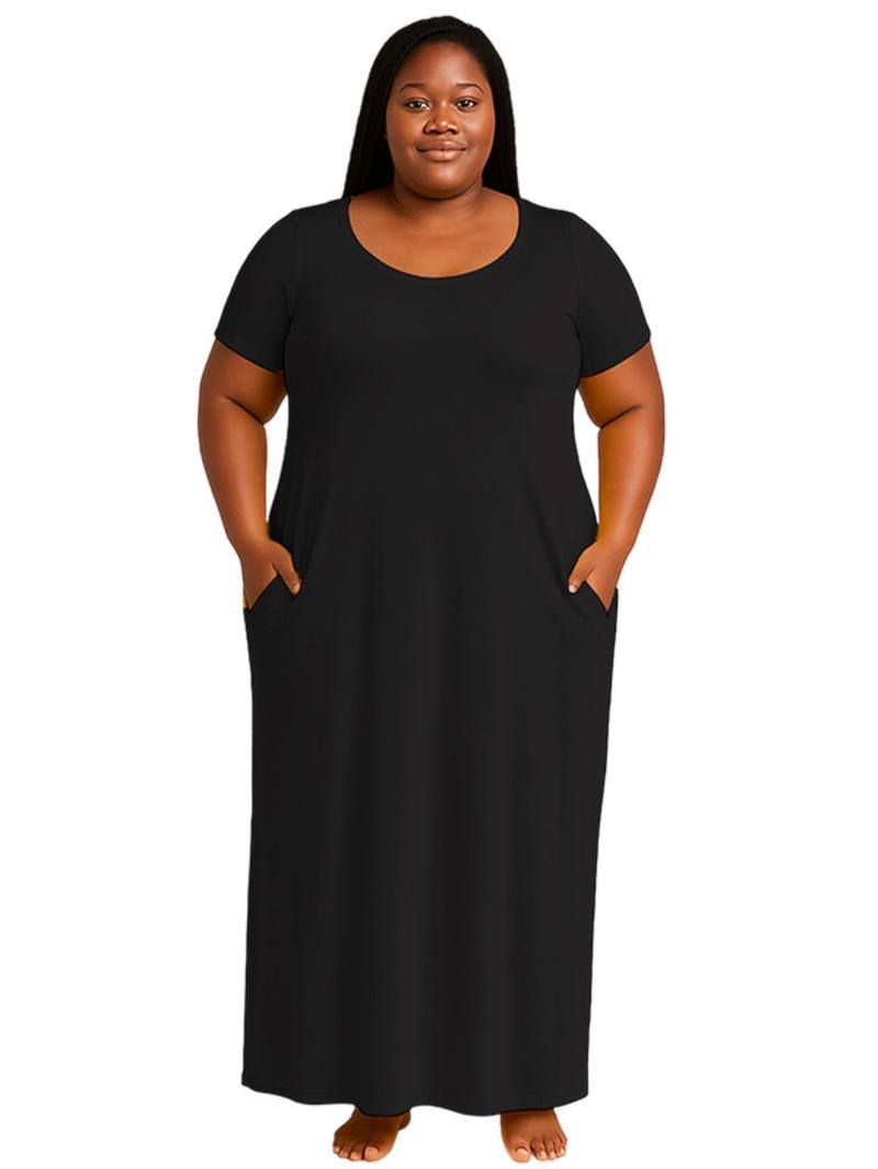 Plus Size Women's Solid Color Dress, Sexy Round Neck Short-Sleeved Long Dress, European and American Summer New Arrival, Casual Style