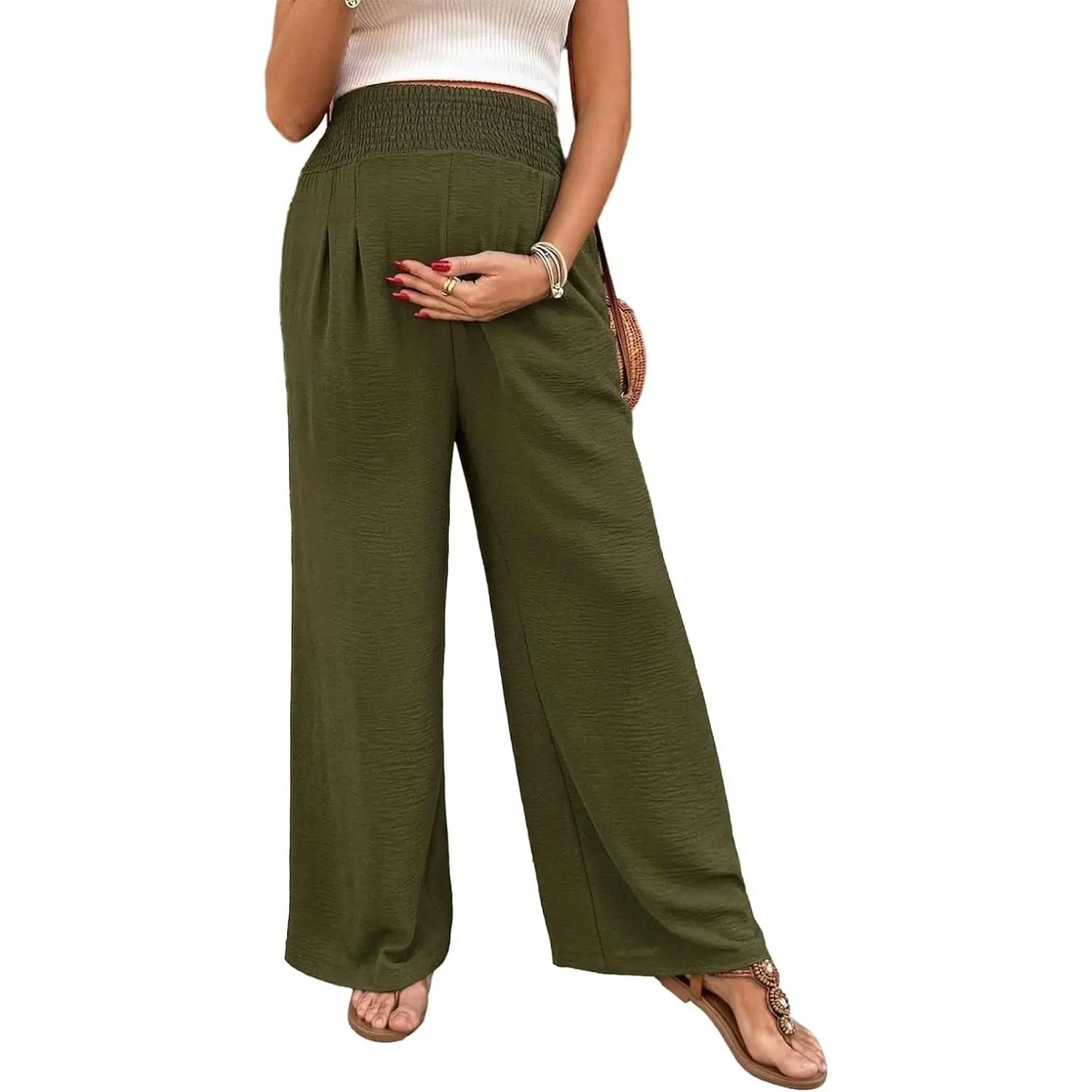 Women's Maternity Pants Smocked Palazzo Pregnancy Trousers | Elastic High Waisted,Side Pockets, Wide Leg Long Flowy Pants Pregnancy & Postpartum Outfits Summer Maternity Clothes