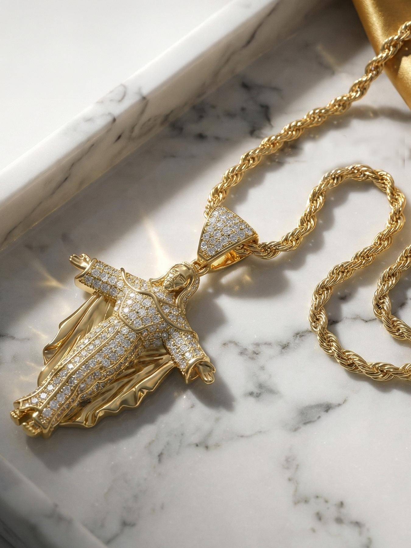 16K Copper Inlaid Zircon New Hip-hop Portrait Cross Pendant Necklace # Jewelry / Stainless Steel Chain / Colorfast / Hypoallergenic / Couple / Festival / Party / Ideal Gift