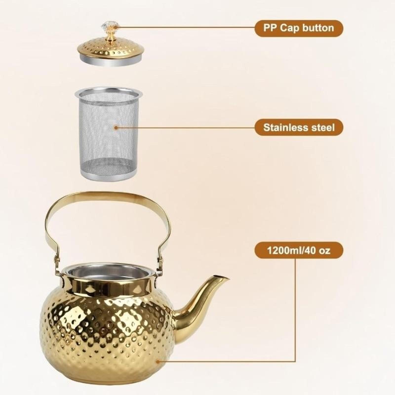 A Middle Eastern hammered design stainless steel teapot - heavy-duty 201 stainless steel with a filter, suitable for use on induction cooktops/gas stoves, oven-safe for both home and restaurant use Teapot With Strainer