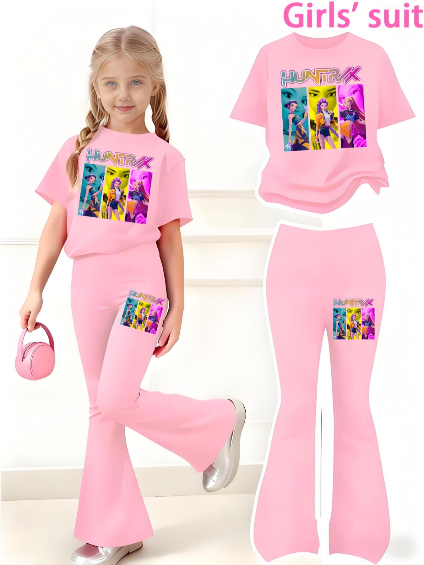 Halloween Christmas Costume Set, Witch Pattern Print 2-Piece Girls Casual Sports Short Sleeve & Bell Bottoms, Youth Trendy Sportswear, Power Girl Outfit