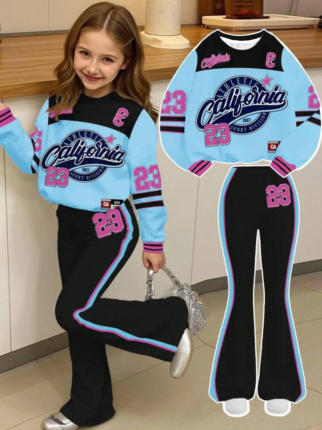 Girls' Baseball Sweatshirt and Bell Bottom Pants Set, Vintage Sports Style, Colorblock, Letter Print, Fall & Winter, School Outing