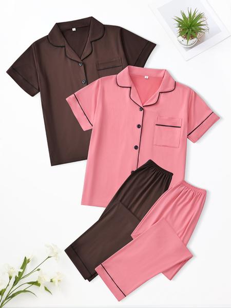 Women's Short Sleeve Lapel Design Top & Long Pants Set, Chest Pocket Detail, Spring & Fall Wear