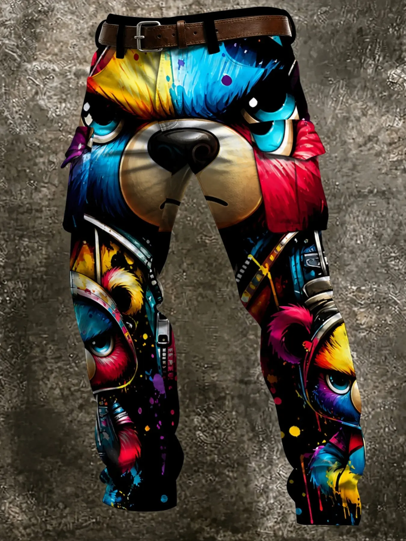 Street Style Bear Pattern Long Pants, Base Colorblock Design, Multiple Pockets, Loose Fit, Casual Fall & Winter Wear