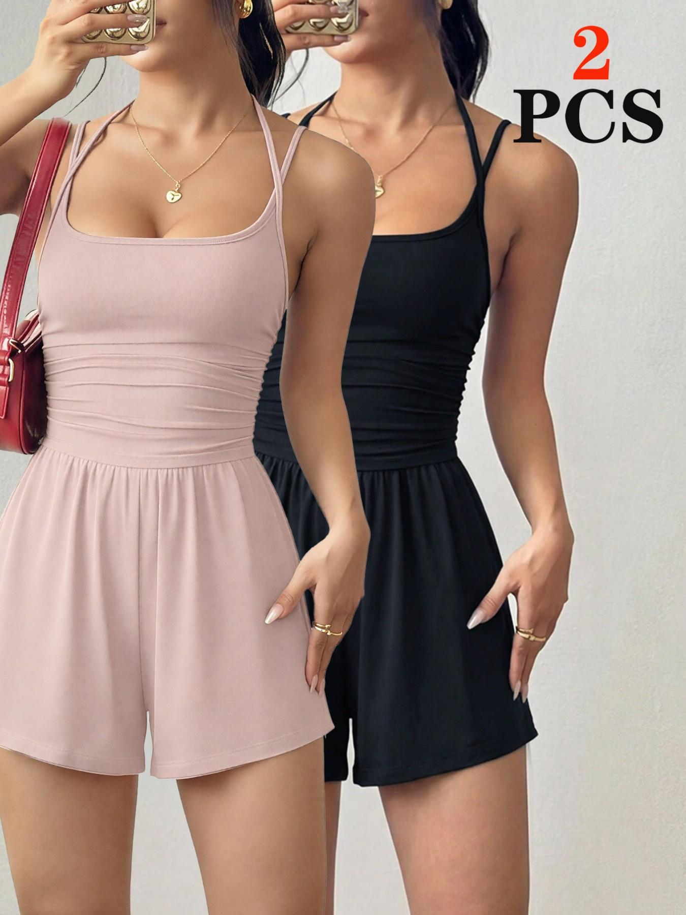 Women's 2026 Versatile Casual Fitted Backless Jumpsuit, Spaghetti Strap Smocked Bodice Flattering Slim Fit Elegant One-Piece Romper for Club Evening Date Vacation Daily Wear