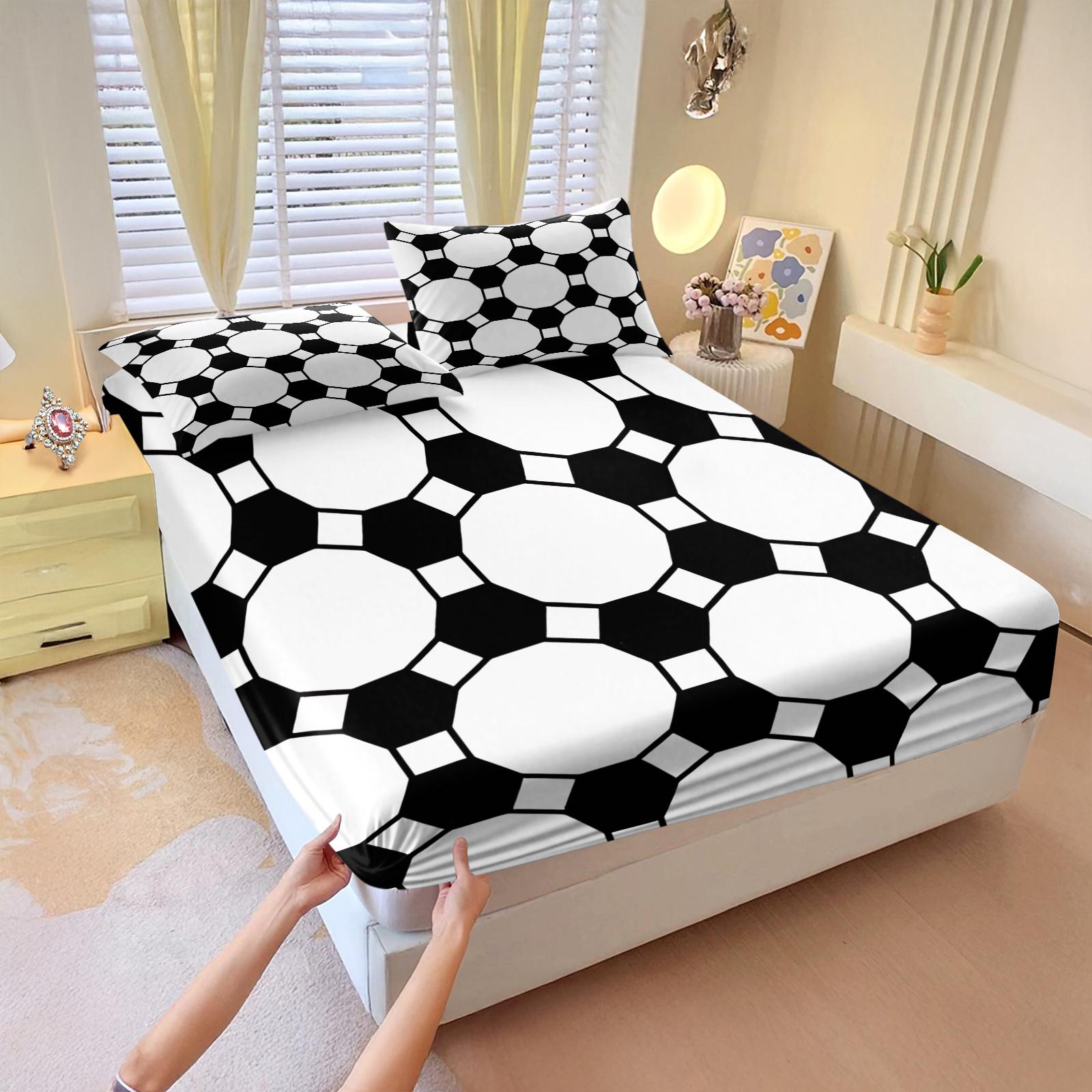 3 Pcs Geometric Plaid Print Fitted Sheet Set, Modern Minimalist Bedding Set, Soft Breathable Microfiber with HD Digital Print, Deep Pocket & Wrinkle Resistant, Ideal for Bedroom, Dorm, Guest Room, All Season Use