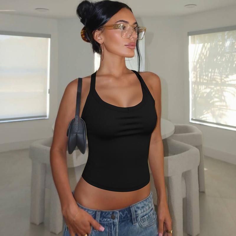 Women's Solid Ribbed Halter Neck Tank Top, Active Top, Casual Sleeveless Top for Daily Wear, Ladies Clothes for All Seasons