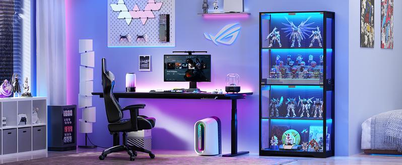 Brottar Display Cabinet with Glass Doors, Storage Cabinet with 3 Color Light, 4-Tier Curio Cabinet&Bookcase for Collectibles, Toys, Books, for Playroom, Bedroom, Study Room, Black