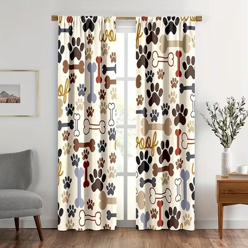2 pieces of dog paw printed curtains, made of polyester with semi-transparent texture, machine washable, suitable for bedrooms, living rooms and home decoration curtains.