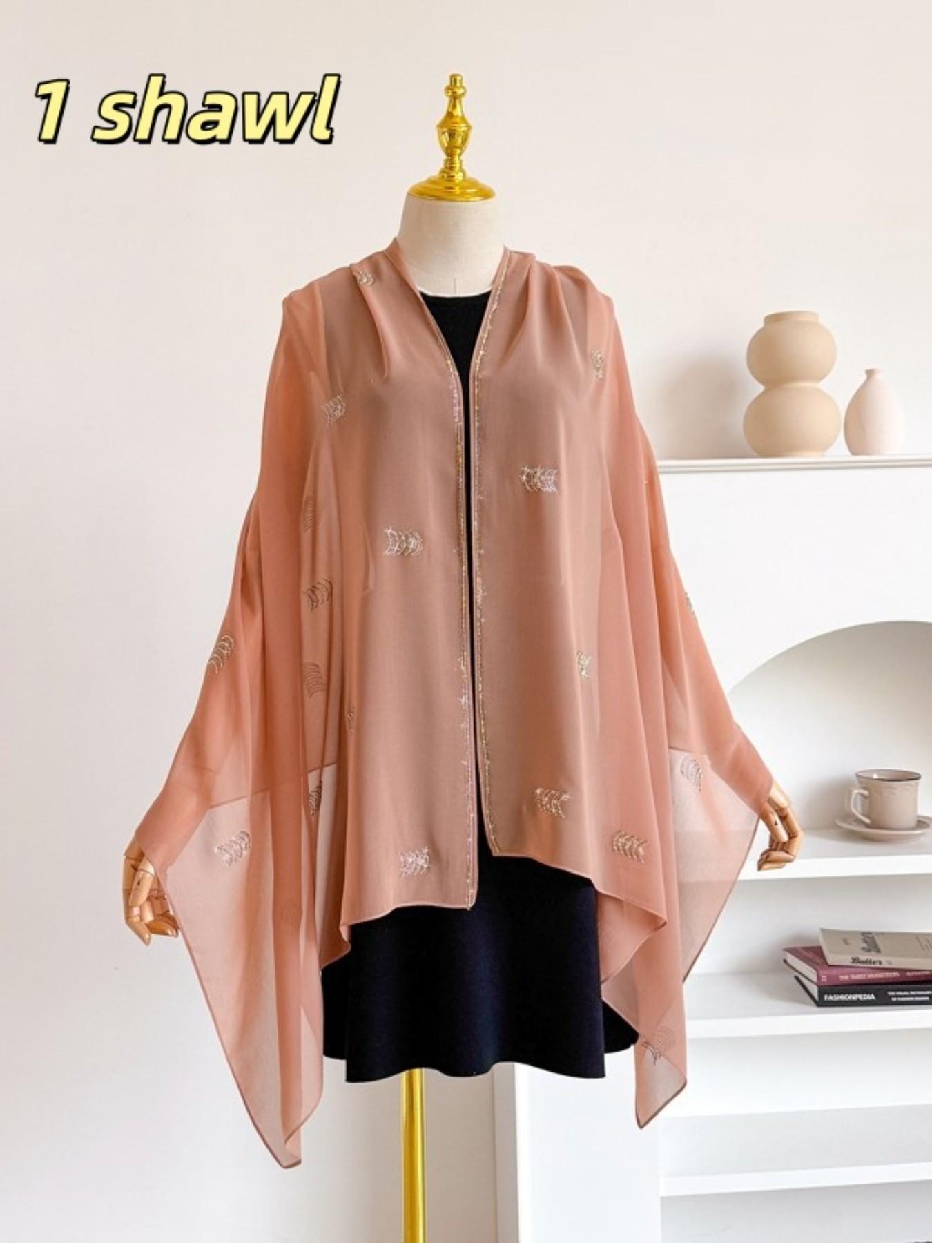 Single Piece Multi-Functional Plain Color New Arcuate Rhinestone Chiffon Long Scarf, Pearl Embellished Sun Protection Shawl, Ethnic Headscarf