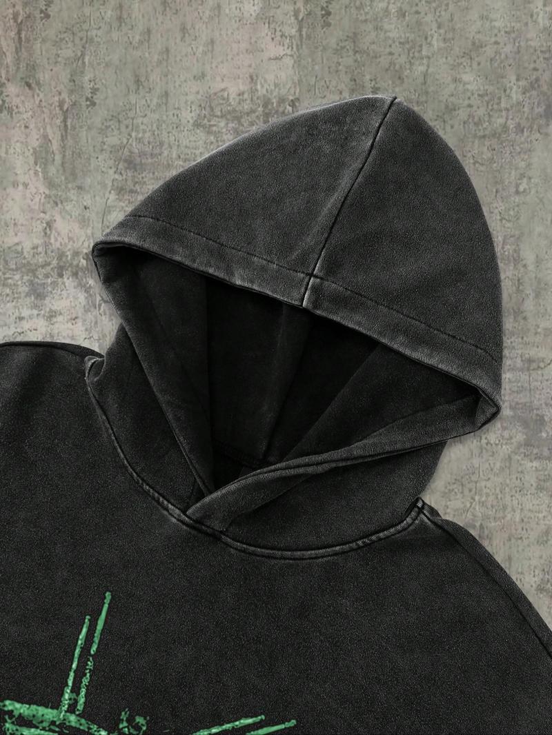 Unisex Streetwear Graphic Hoodie, New York Statue of Liberty & Gothic Symbols, Fall Winter Fitted Cotton Pullover, Casual Y2K Style