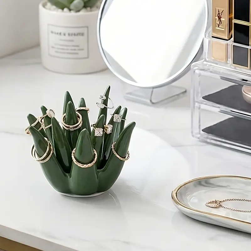 Ceramic Cactus and Aloe Ring Tray, Creative Jewelry Display Stand, Ear Studs Organizer, Handmade Craftsmanship, Unique Gift Idea