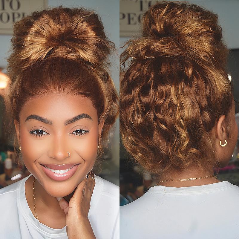 Pizazz Hair 4/27 Highlight Ombre Color 360 Full Lace Frontal Water Wave Glueless Wig With Invisi Drawstring Pre-bleached Knots  Human Hair Wig