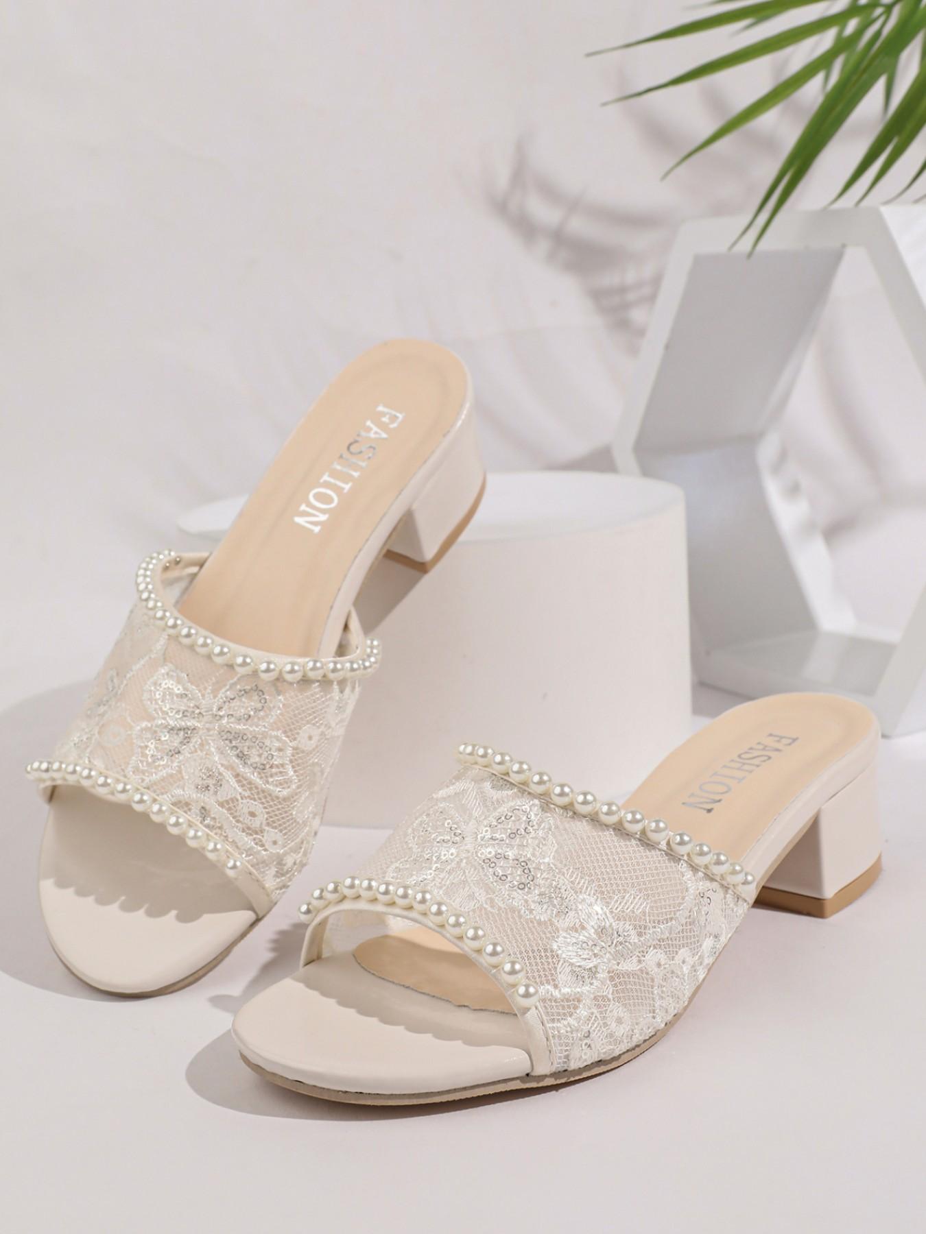 YYW1 2026 Women's Lace Embroidery Pearl Trim Slip-On Block Heel Sandals - Elegant Open-Toe Bridal Wear with Textile Comfort