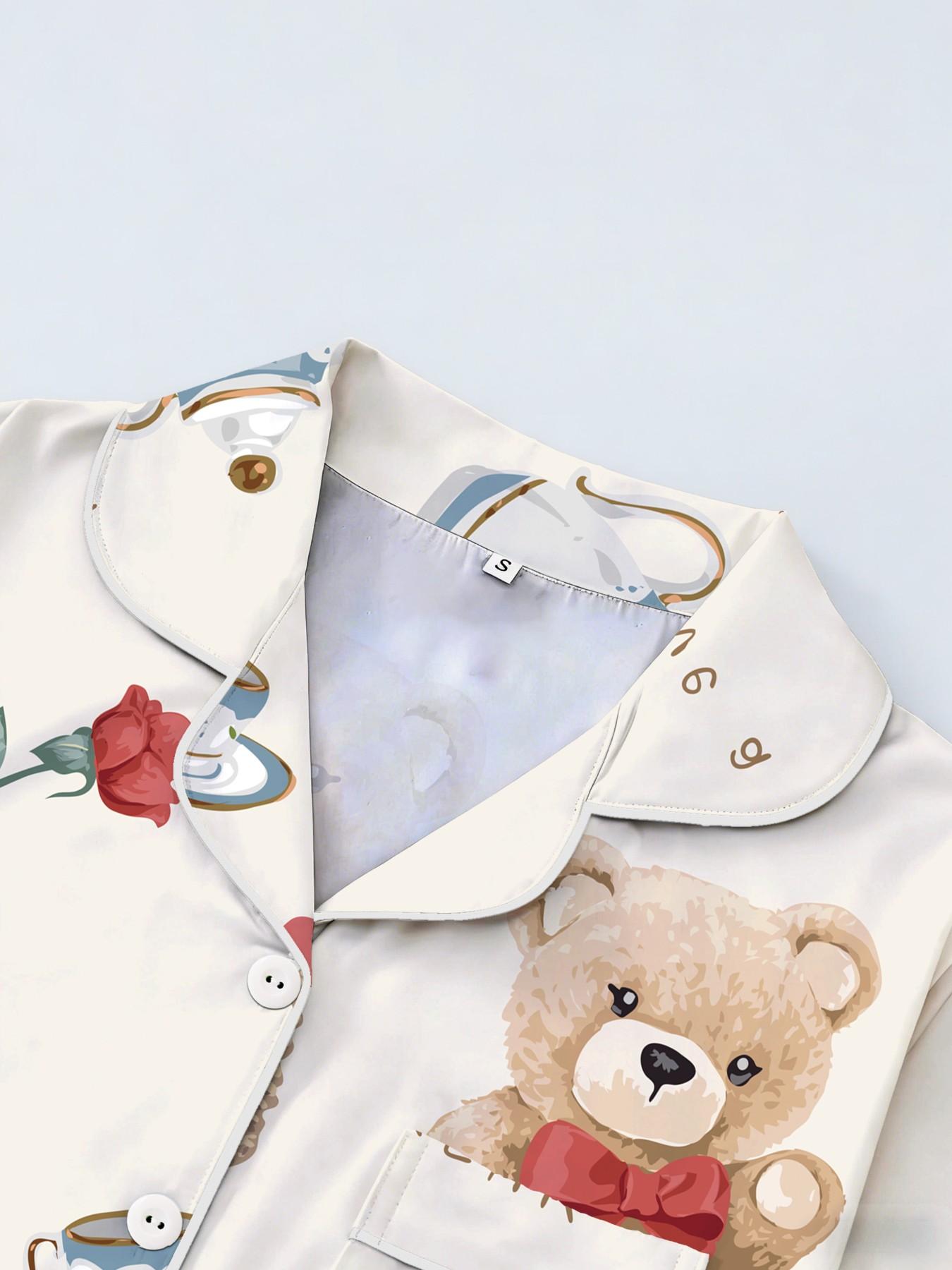 Women's Short Sleeve Button Down Top and Shorts Pajama Set, Spring Summer Wear, For French Romantic Lovers, White Base Rose Teddy Bear Print, Classic Lapel Collar, Loose Fit, Comfortable For Home & Travel