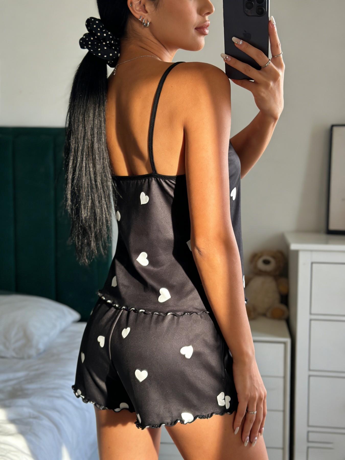 Heart Print Pajama Set, Wave Edge Design, Soft Comfortable Home Sleepwear, Breathable Two-Piece for All Seasons