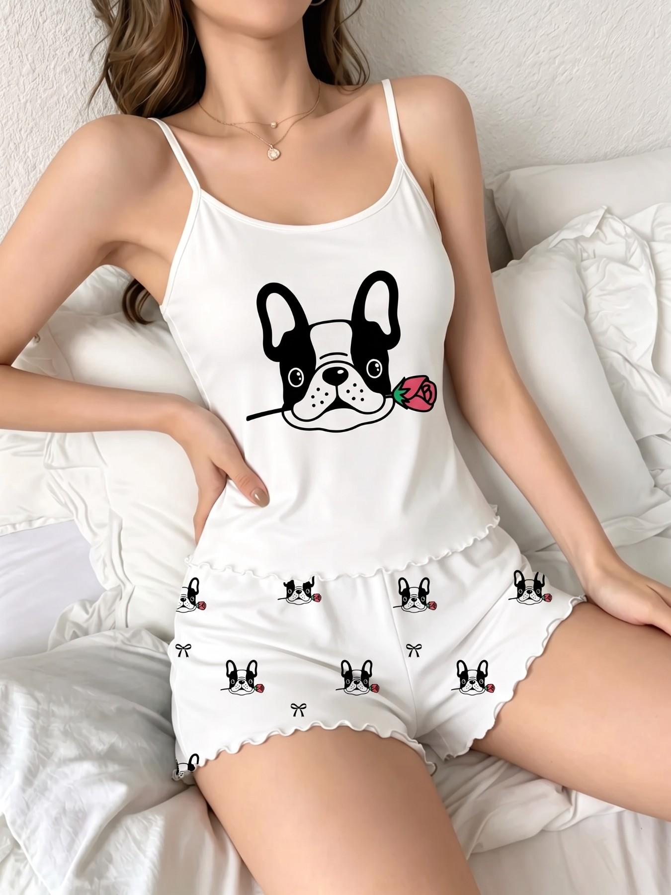 Summer Women's Pajama Set 2-Piece Camisole Panties Set, Sleeveless Casual Fitted Sleepwear, Strawberry Girl Print, Comfortable Home, Loungewear