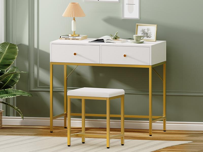 SUPERJARE 35.4" White and Gold Desk with 2 Drawers, Modern Makeup Vanity Desk with Padded Stool, Small Computer Desk Home Office Desk for Writing Study Bedroom