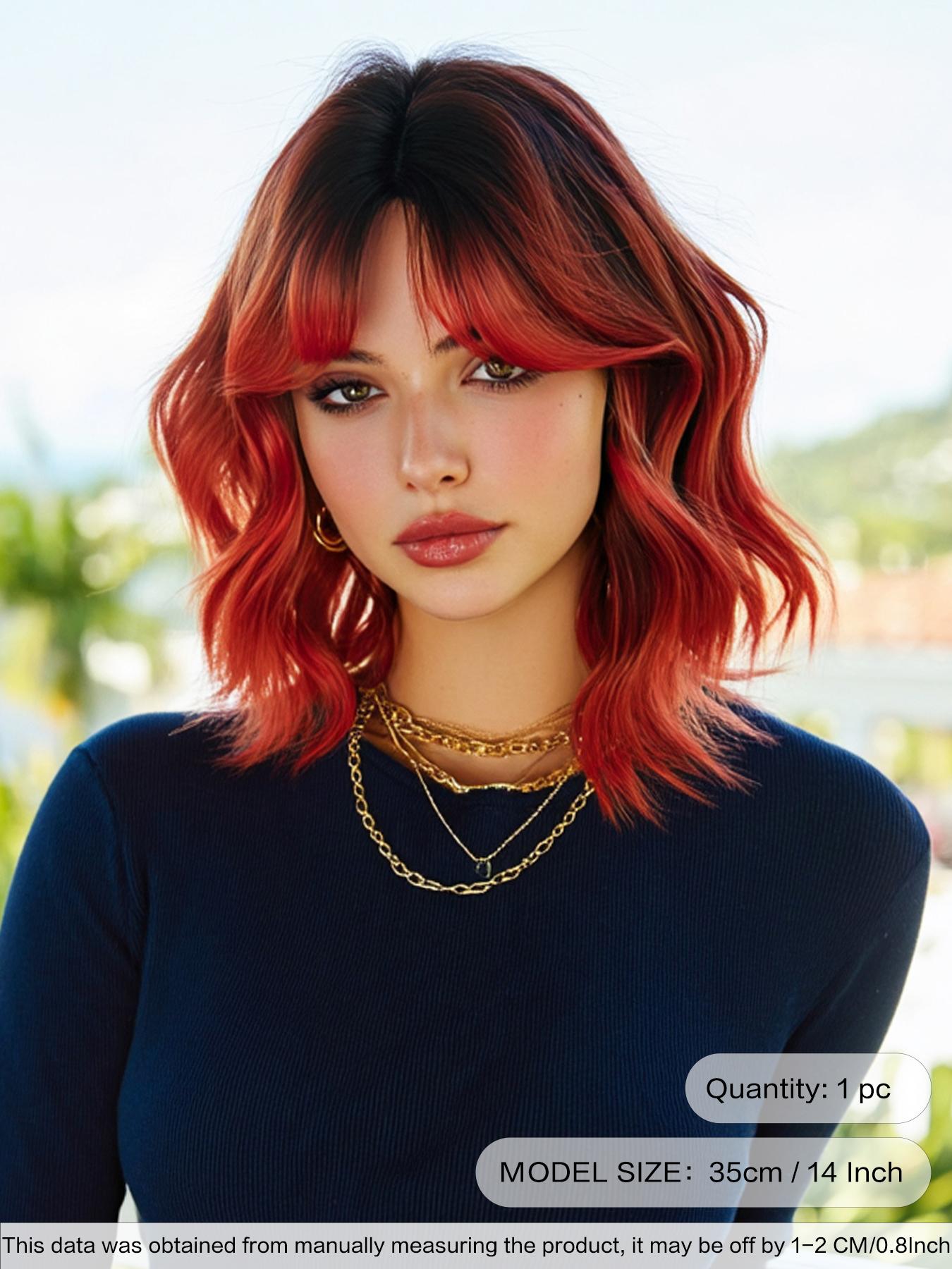 Short Wavy Ombre Red Wigs for Women 14 Inch Shoulder Length Bob Curly Middle Part Wigs with Dark Roots, Synthetic Heat-resistant Fiber Hair for Daily Cosplay, Role Play Wig, Party Use