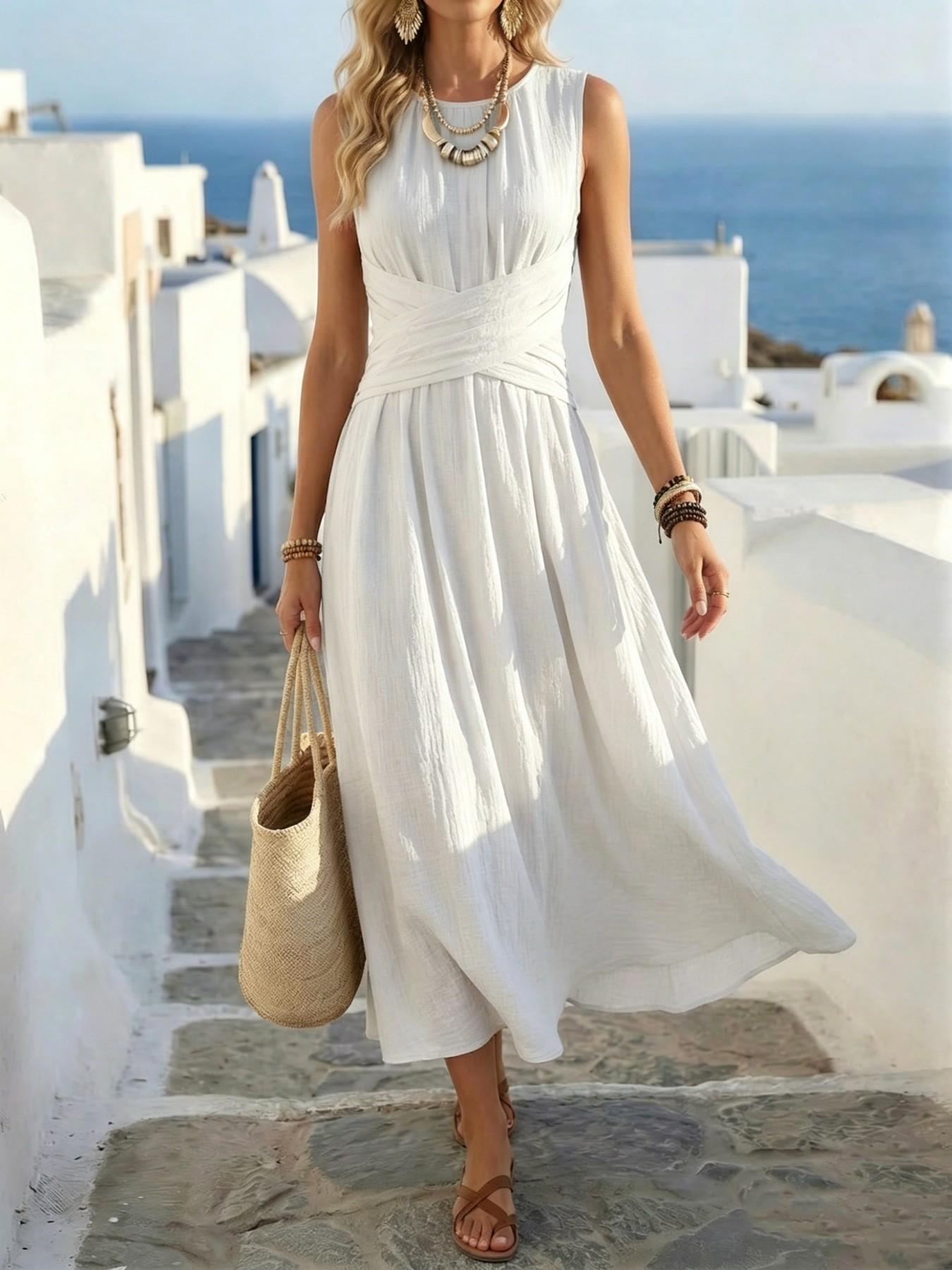 Boho Style Lightweight Sleeveless Midi Dress, Loose Fit Casual Daily Wear, Summer Women's Dress