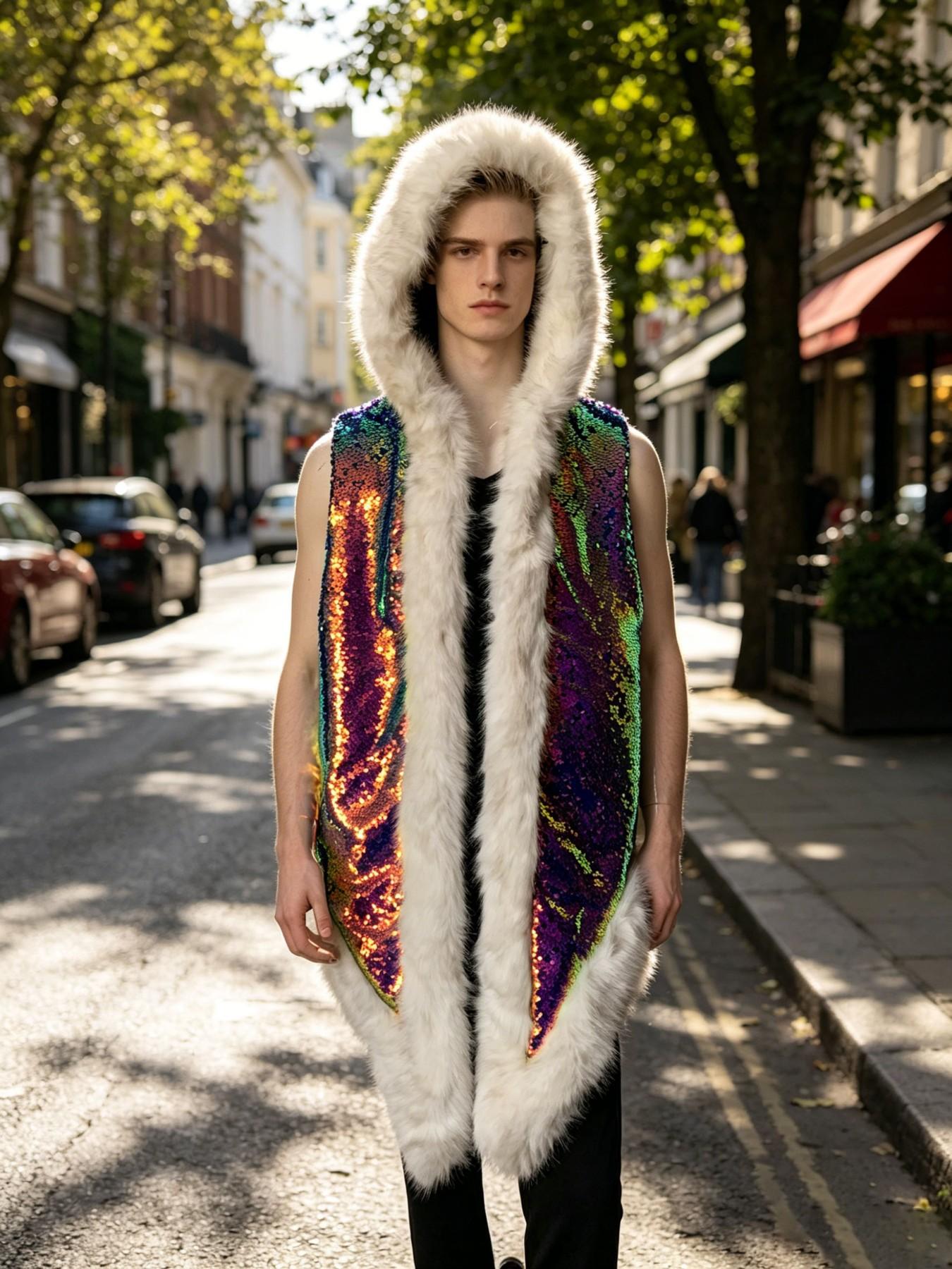 Men's LED Glowing Fake Fur Hooded Vest, Long Sleeveless Jacket, Trendy Party, Versatile Streetwear, Winter Fashion