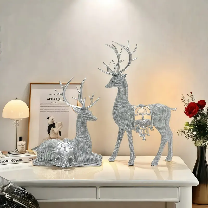 Product Introduction of Artistic Deer Statues Set of 2, Silver Color Glitter Details, Chip Carving Sculptures for Christmas Thanksgiving New Year Home Decor 10