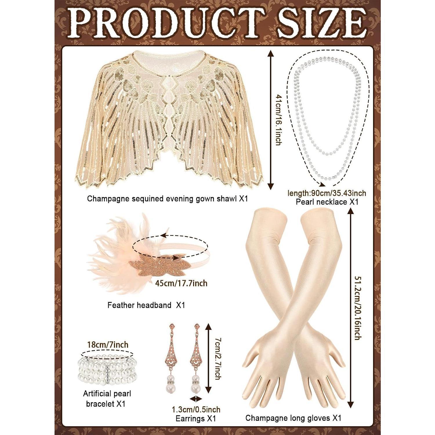 6 count 1920s Flapper Accessories,   Costume Accessories Fashion Roaring 20's Theme Set 20s Flapper Headband Sequined Shawl  Necklace Bracelet Earrings Gloves