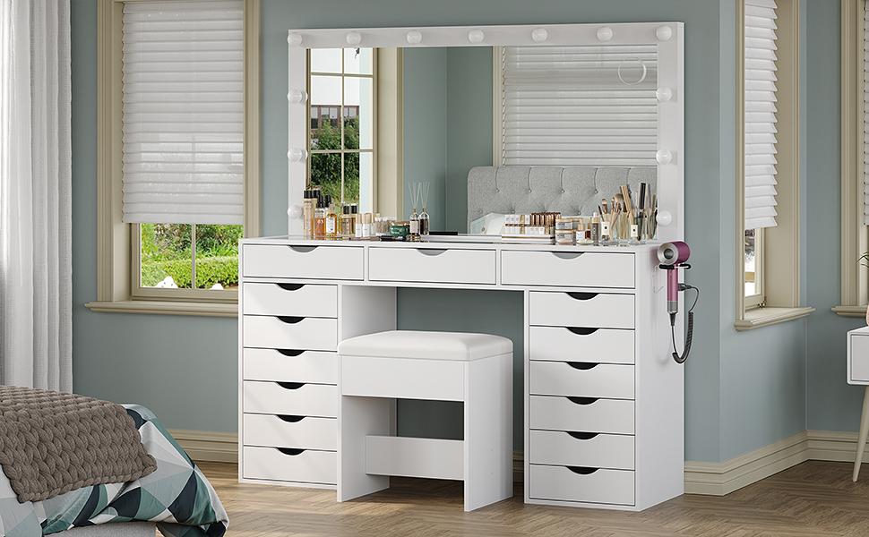 FUSOU 55“W 15 Drawers Vanity Desk with Power Outlet【Shipping By 2 Packages】Makeup Table with Mirror and LED Lights, 3 Color Lighting Modes, Vanity Table with Chair for Bedroom