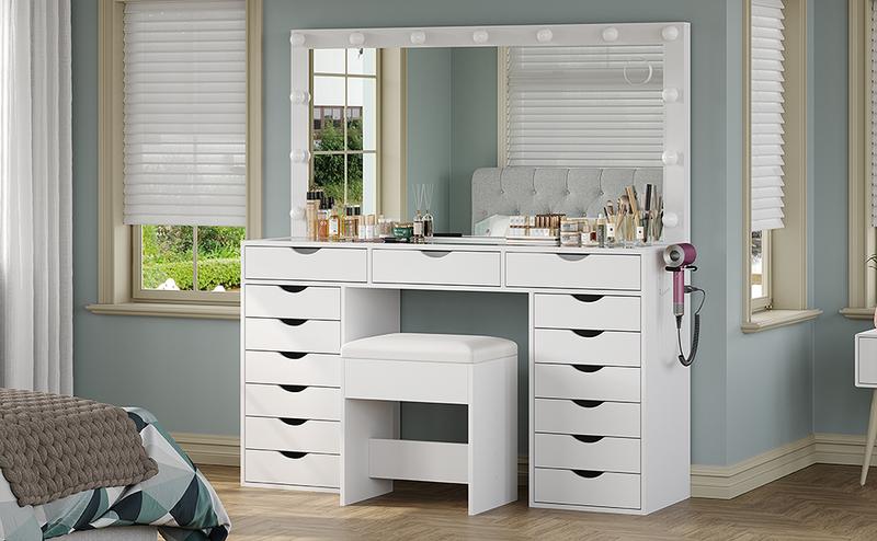 FUSOU [ Valentine's Day ] 55“W 15 Drawers Vanity Desk with Power Outlet【Shipping By 2 Packages】Makeup Table with Mirror and LED Lights, 3 Color Lighting Modes, Vanity Table with Chair for Bedroom